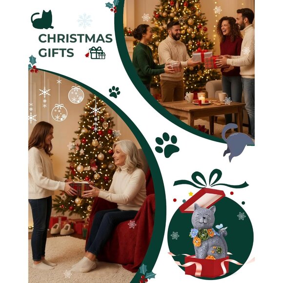 Solar Garden Statues Outdoor Decor, 6 LED Cat Flowers Butterfly Figurine Lights, - Picture 2 of 7